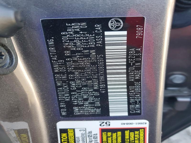 2019 Toyota Camry L მანქანა იყიდება აუქციონზე, vin: 4T1B11HK7KU806975, აუქციონის ნომერი: 76716055