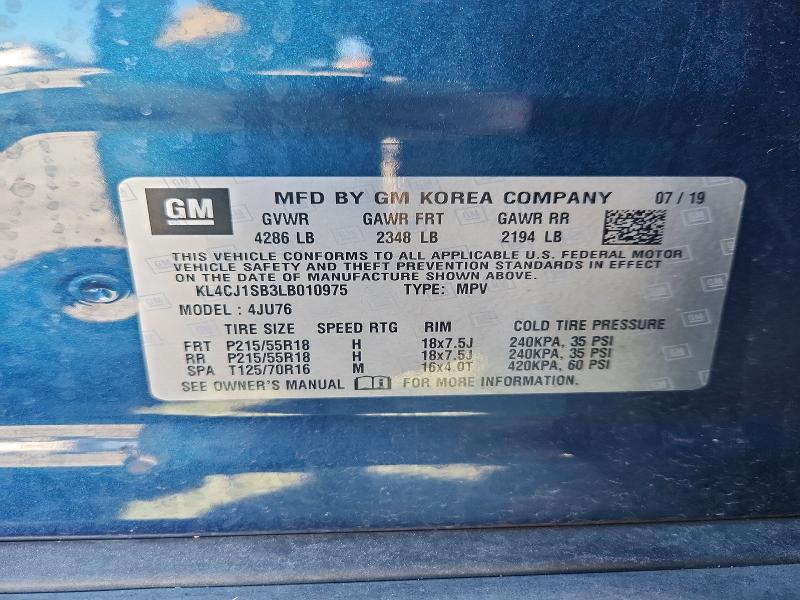2020 Buick Encore მანქანა იყიდება აუქციონზე, vin: KL4CJ1SB3LB010975, აუქციონის ნომერი: 78219175