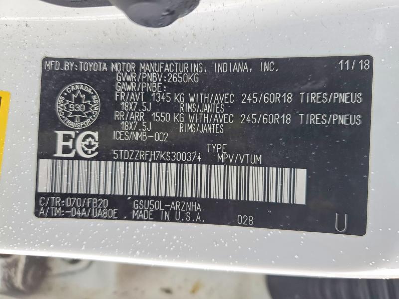 Aukcja sprzedaży 2019 Toyota Highlander, vin: 5TDZZRFH7KS300374, numer aukcji: 76331545
