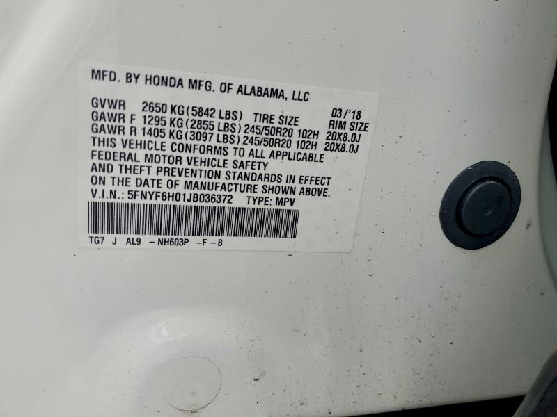 Продаж на аукціоні авто 2018 Honda Pilot, vin: 5FNYF6H01JB036372, номер лоту: 77338055