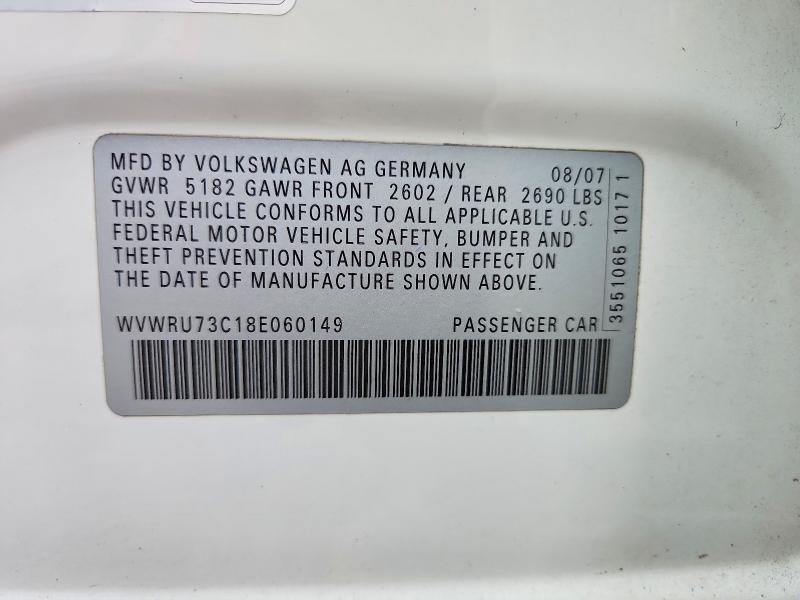 75995755 :رقم المزاد ، WVWRU73C18E060149 vin ، 2008 Volkswagen Passat مزاد بيع