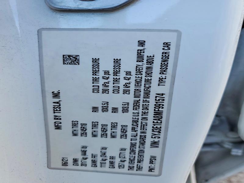 2021 Tesla Model 3 მანქანა იყიდება აუქციონზე, vin: 5YJ3E1EA8MF991574, აუქციონის ნომერი: 79426435