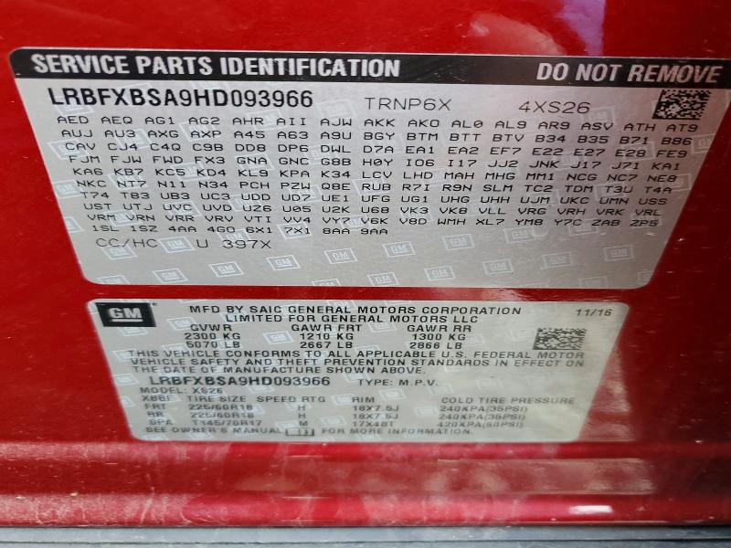 2017 Buick Envision მანქანა იყიდება აუქციონზე, vin: LRBFXBSA9HD093966, აუქციონის ნომერი: 78155125