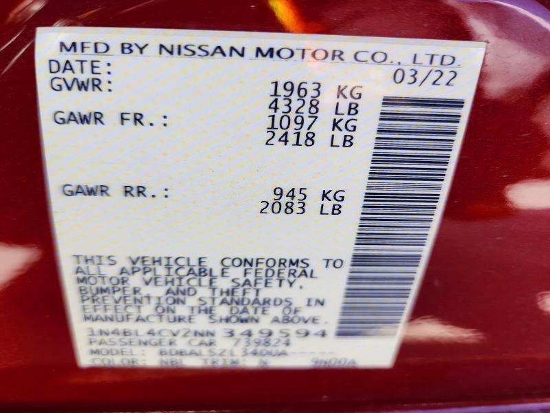 2022 Nissan Altima მანქანა იყიდება აუქციონზე, vin: 1N4BL4CV2NN349594, აუქციონის ნომერი: 75741525