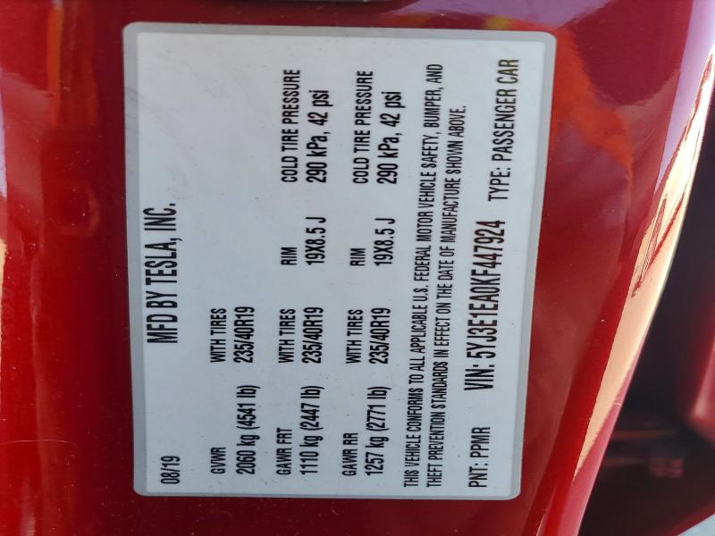2019 Tesla Model 3 მანქანა იყიდება აუქციონზე, vin: 5YJ3E1EA0KF447924, აუქციონის ნომერი: 76797655