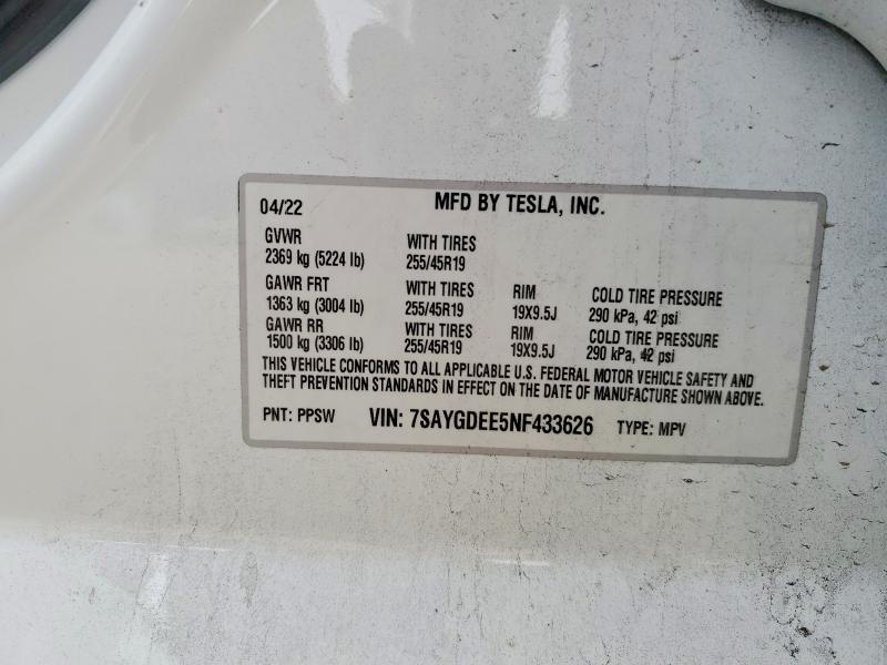 75698035 :رقم المزاد ، 7SAYGDEE5NF433626 vin ، 2022 Tesla Model Y مزاد بيع