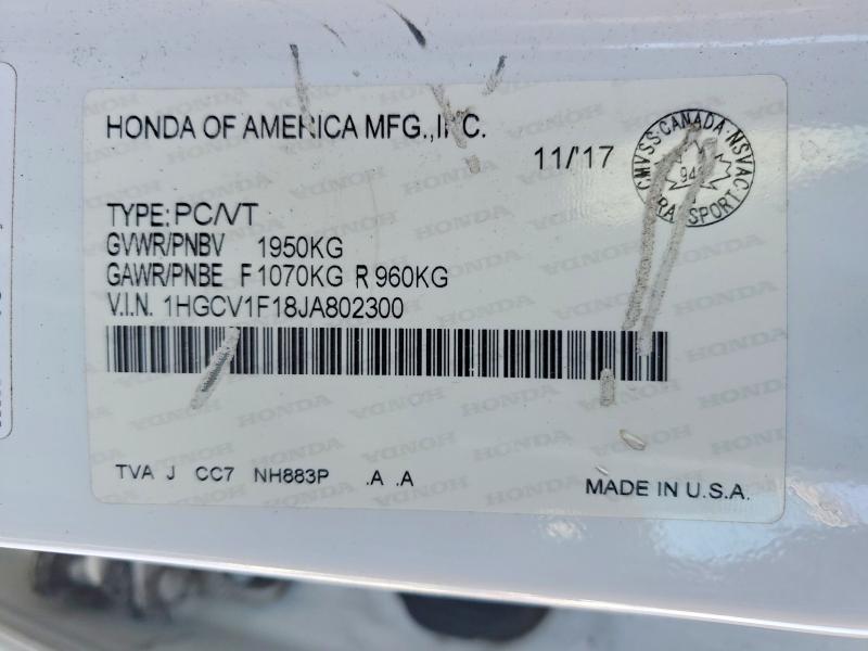 2018 Honda Accord Lx მანქანა იყიდება აუქციონზე, vin: 1HGCV1F18JA802300, აუქციონის ნომერი: 77220895