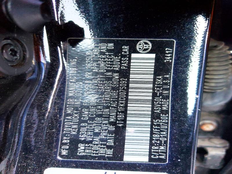 2012 Toyota Camry მანქანა იყიდება აუქციონზე, vin: 4T1BF1FKXCU075092, აუქციონის ნომერი: 73043795