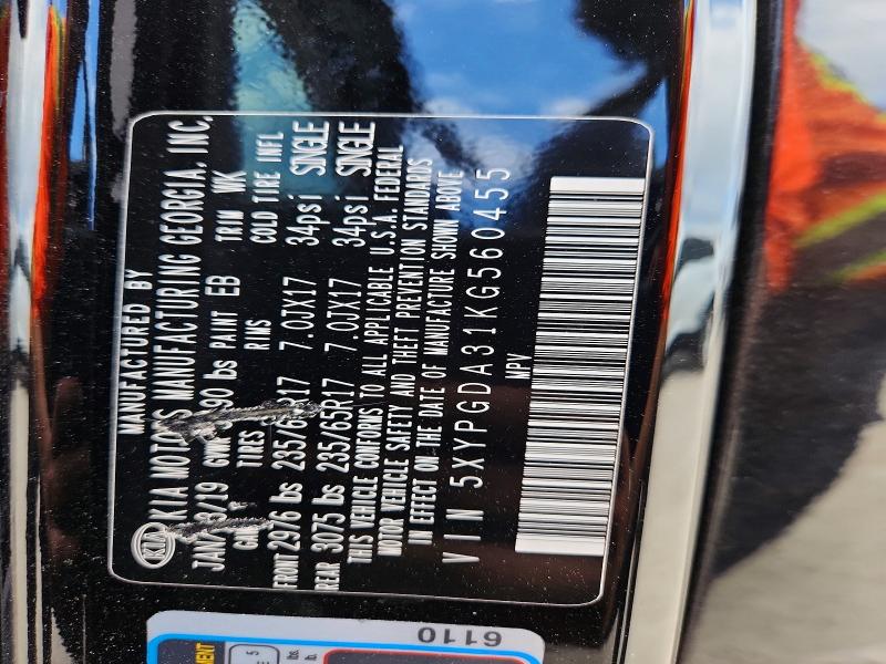 77399375 :رقم المزاد ، 5XYPGDA31KG560455 vin ، 2019 Kia Sorento مزاد بيع
