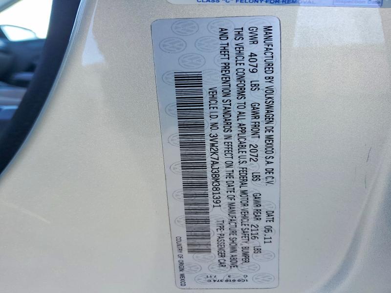 Aukcja sprzedaży 2011 Volkswagen Jetta, vin: 3VW2K7AJ3BM381391, numer aukcji: 78394445
