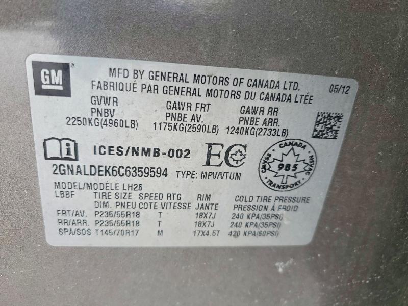 75848015 :رقم المزاد ، 2GNALDEK6C6359594 vin ، 2012 Chevrolet Equinox مزاد بيع