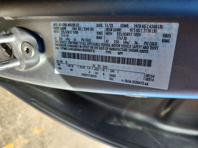 77935155 :رقم المزاد ، 1FMCU0G60NUB88672 vin ، 2022 Ford Escape مزاد بيع