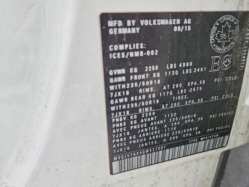76534085 :رقم المزاد ، WVGJV7AX4GW537001 vin ، 2016 Volkswagen Tiguan مزاد بيع
