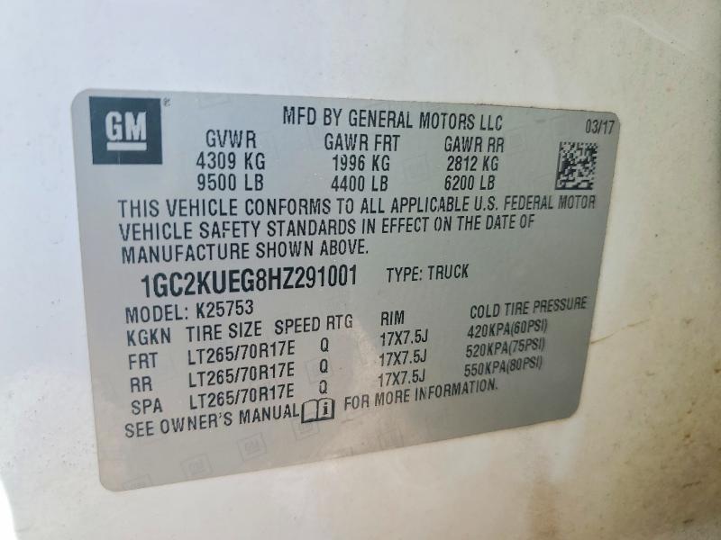 2017 Chevrolet Silverado მანქანა იყიდება აუქციონზე, vin: 1GC2KUEG8HZ291001, აუქციონის ნომერი: 77129515
