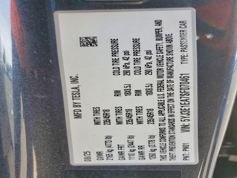 Aukcja sprzedaży 2025 Tesla Model 3, vin: 5YJ3E1EA7SF070461, numer aukcji: 79305645