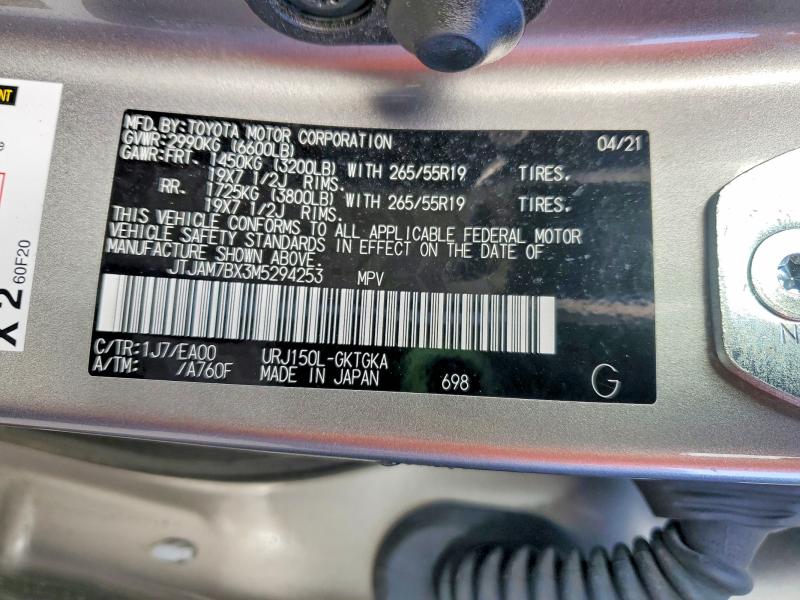 Aukcja sprzedaży 2021 Lexus Gx 460, vin: JTJAM7BX3M5294253, numer aukcji: 76890315