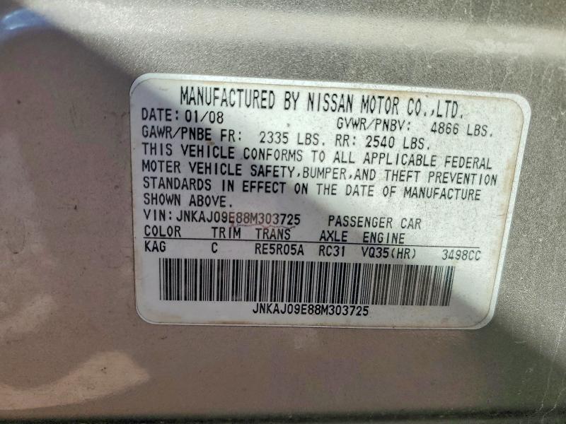 76961335 :رقم المزاد ، JNKAJ09E88M303725 vin ، 2008 Infiniti Ex35 مزاد بيع