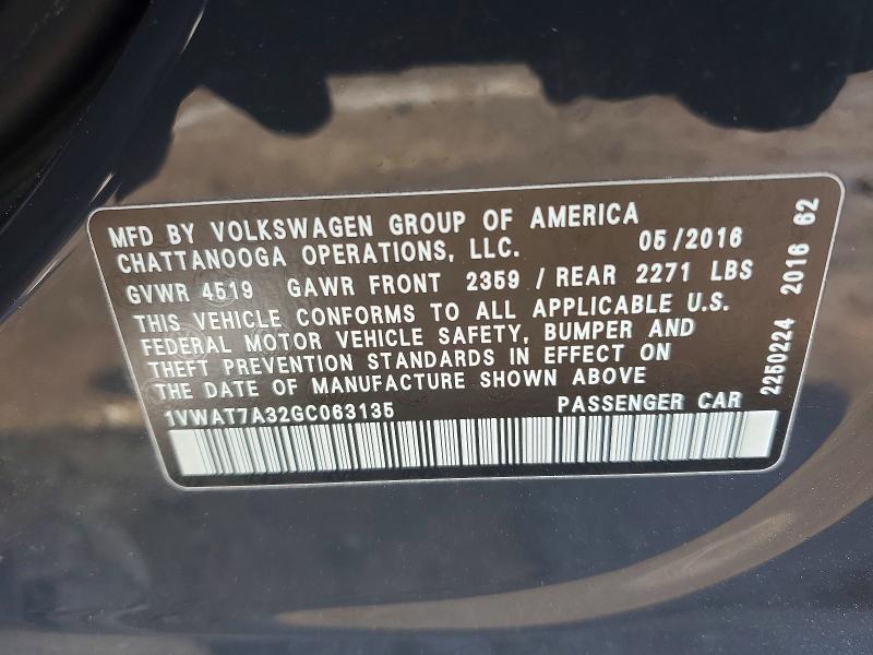 Продажа на аукционе авто 2016 Volkswagen Passat, vin: 1VWAT7A32GC063135, номер лота: 75909265
