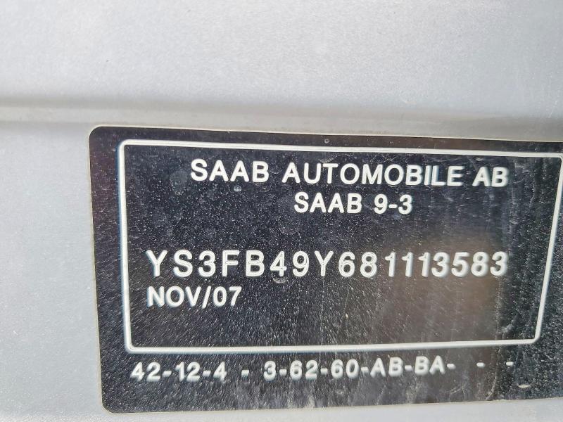 Продаж на аукціоні авто 2008 Saab 9-3, vin: YS3FB49Y681113583, номер лоту: 78093025
