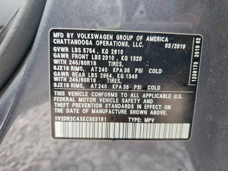 2019 Volkswagen Atlas მანქანა იყიდება აუქციონზე, vin: 1V2DR2CAXKC553181, აუქციონის ნომერი: 76251695