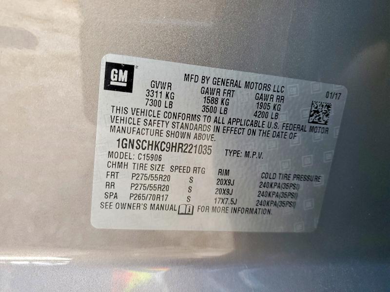 2017 Chevrolet Suburban მანქანა იყიდება აუქციონზე, vin: 1GNSCHKC9HR221035, აუქციონის ნომერი: 76587915