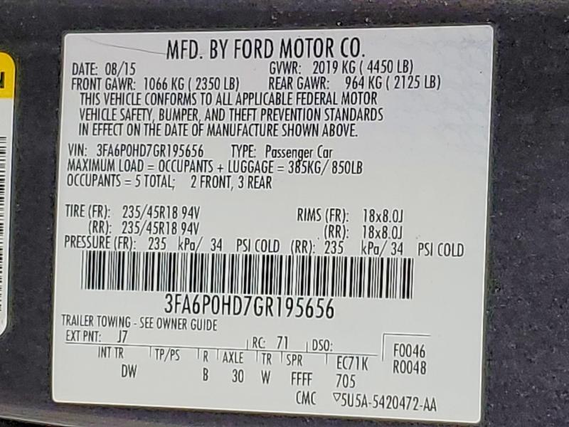 2016 Ford Fusion მანქანა იყიდება აუქციონზე, vin: 3FA6P0HD7GR195656, აუქციონის ნომერი: 75513235