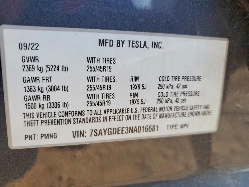 77182085 :رقم المزاد ، 7SAYGDEE3NA016681 vin ، 2022 Tesla Model Y مزاد بيع