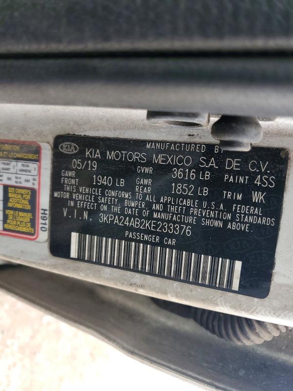 2019 Kia Rio მანქანა იყიდება აუქციონზე, vin: 3KPA24AB2KE233376, აუქციონის ნომერი: 78306925