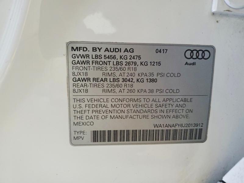 2018 Audi Q5 Premium მანქანა იყიდება აუქციონზე, vin: WA1ANAFY6J2013912, აუქციონის ნომერი: 74591415
