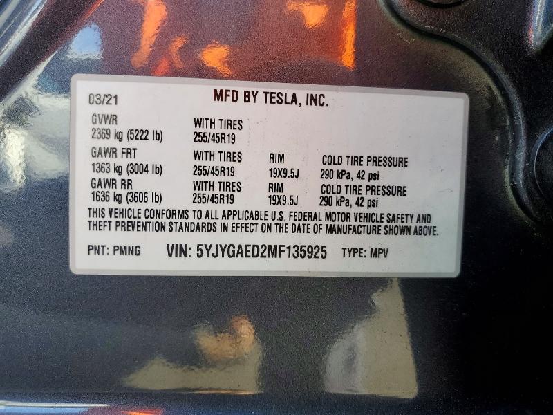 2021 Tesla Model Y მანქანა იყიდება აუქციონზე, vin: 5YJYGAED2MF135925, აუქციონის ნომერი: 78679705