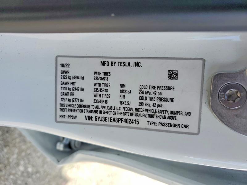 76669195 :رقم المزاد ، 5YJ3E1EA8PF402415 vin ، 2023 Tesla Model 3 مزاد بيع