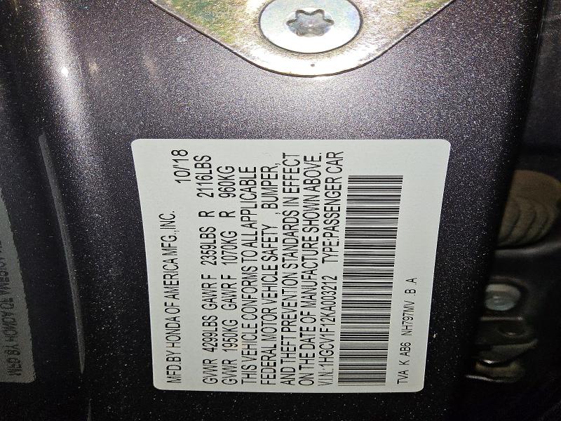 Aukcja sprzedaży 2019 Honda Accord, vin: 1HGCV1F12KA003212, numer aukcji: 78707925
