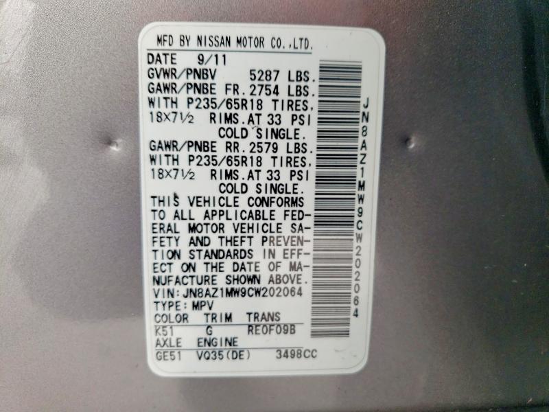 Продажа на аукционе авто 2012 Nissan Murano, vin: JN8AZ1MW9CW202064, номер лота: 78733175