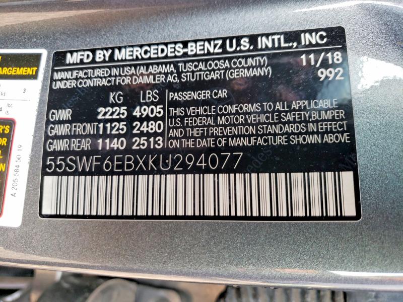 Aukcja sprzedaży 2019 Mercedes-benz C, vin: 55SWF6EBXKU294077, numer aukcji: 77717865