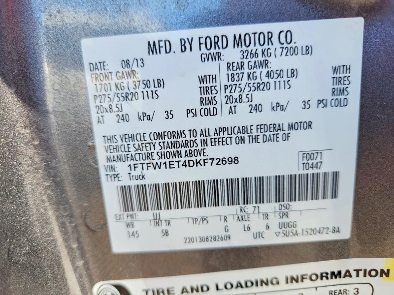 2013 Ford F150 მანქანა იყიდება აუქციონზე, vin: 1FTFW1ET4DKF72698, აუქციონის ნომერი: 79279515