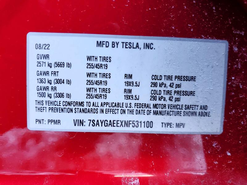 Продаж на аукціоні авто 2022 Tesla Model Y, vin: 7SAYGAEEXNF531100, номер лоту: 78527375