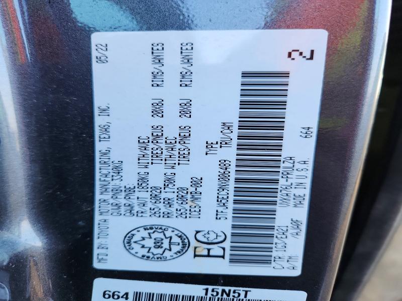 76413945 :رقم المزاد ، 5TFJA5EC9NX006489 vin ، 2022 Toyota Tundra مزاد بيع