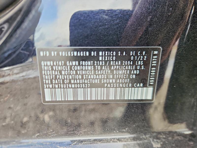 2022 Volkswagen Jetta მანქანა იყიდება აუქციონზე, vin: 3VW7M7BU2NM003527, აუქციონის ნომერი: 78645385