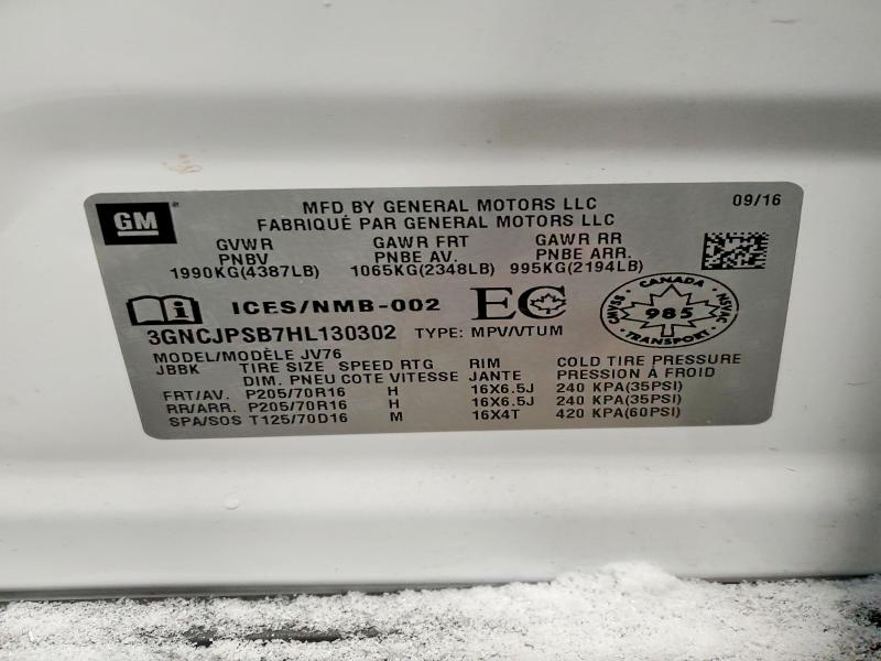 75264055 :رقم المزاد ، 3GNCJPSB7HL130302 vin ، 2017 Chevrolet Trax 1lt مزاد بيع