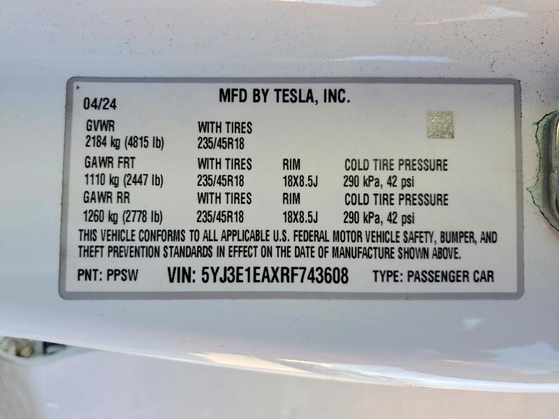 Продаж на аукціоні авто 2024 Tesla Model 3, vin: 5YJ3E1EAXRF743608, номер лоту: 75770555