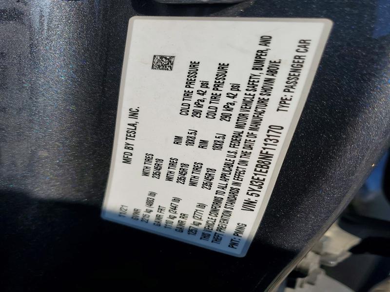 Продажа на аукционе авто 2022 Tesla Model 3, vin: 5YJ3E1EB8NF113170, номер лота: 76875135