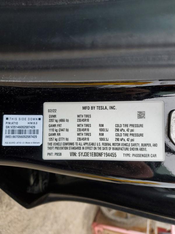 Продажа на аукционе авто 2022 Tesla Model 3, vin: 5YJ3E1EB0NF194455, номер лота: 78241335