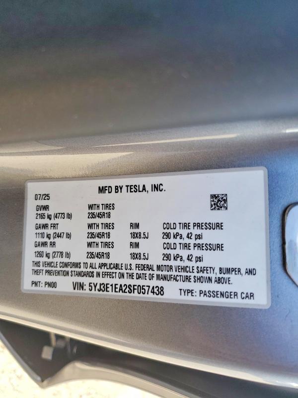 Aukcja sprzedaży 2025 Tesla Model 3, vin: 5YJ3E1EA2SF057438, numer aukcji: 78639905