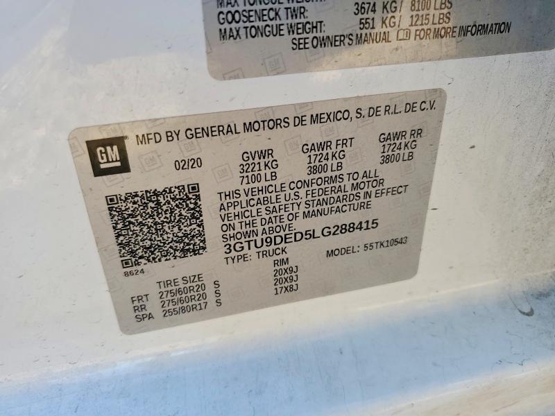 2020 Gmc Sierra მანქანა იყიდება აუქციონზე, vin: 3GTU9DED5LG288415, აუქციონის ნომერი: 78720095