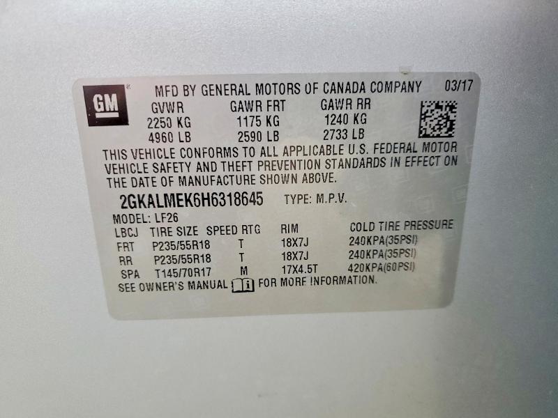 74821875 :رقم المزاد ، 2GKALMEK6H6318645 vin ، 2017 Gmc Terrain Sl مزاد بيع