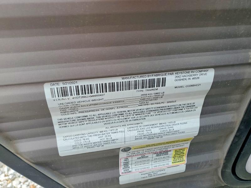 78155825 :رقم المزاد ، 4YDT26B2XM8950427 vin ، 2021 Dutchman Colorado مزاد بيع