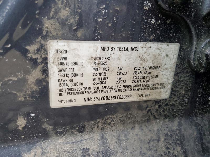 2020 Tesla Model Y მანქანა იყიდება აუქციონზე, vin: 5YJYGDEE8LF020688, აუქციონის ნომერი: 77398425