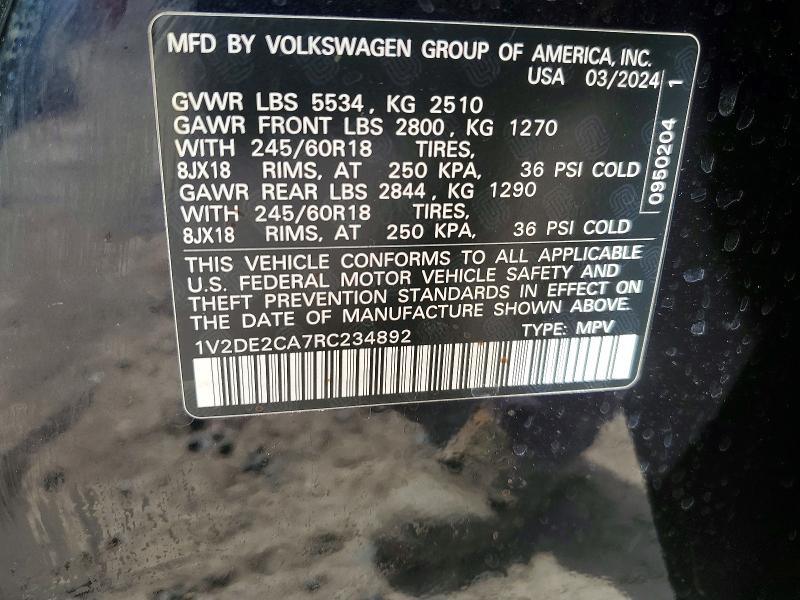 2024 Volkswagen Atlas Cross Sport მანქანა იყიდება აუქციონზე, vin: 1V2DE2CA7RC234892, აუქციონის ნომერი: 78048235