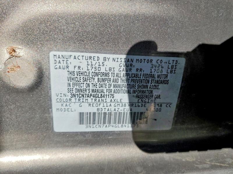 2016 Nissan Versa მანქანა იყიდება აუქციონზე, vin: 3N1CN7AP4GL841175, აუქციონის ნომერი: 79253805
