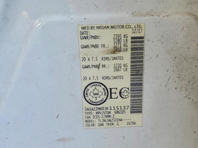 78298155 :رقم المزاد ، 5N1AZ2MH0JN115137 vin ، 2018 Nissan Murano مزاد بيع